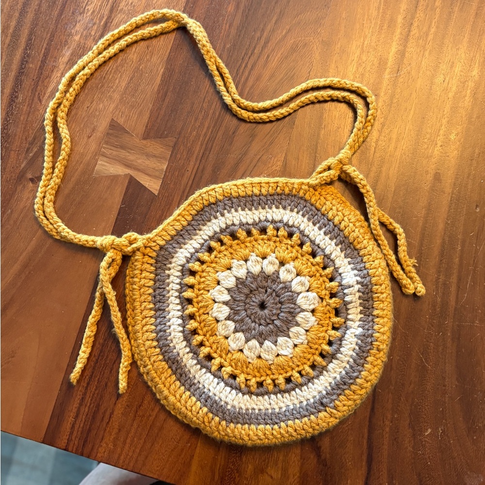 Handcrafted Crochet Round Bag - Yellow, Brown, White